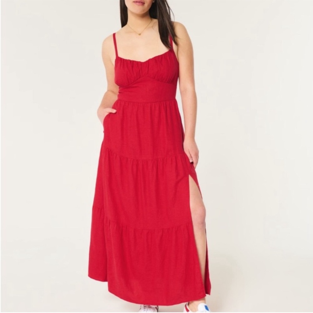 Hollister Linen Blend Open Back Red Maxi Dress